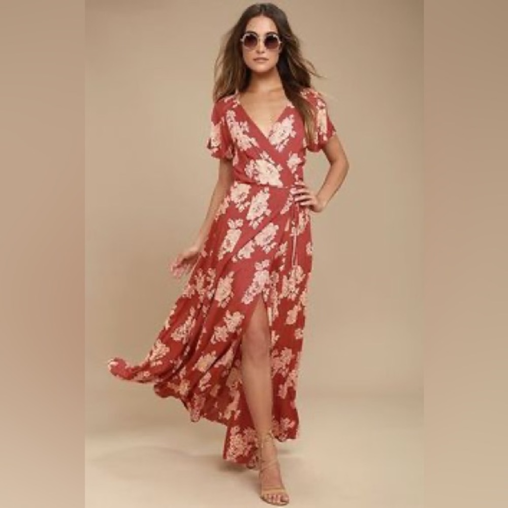 Rust Floral Maxi Dress with Flutter Sleeves